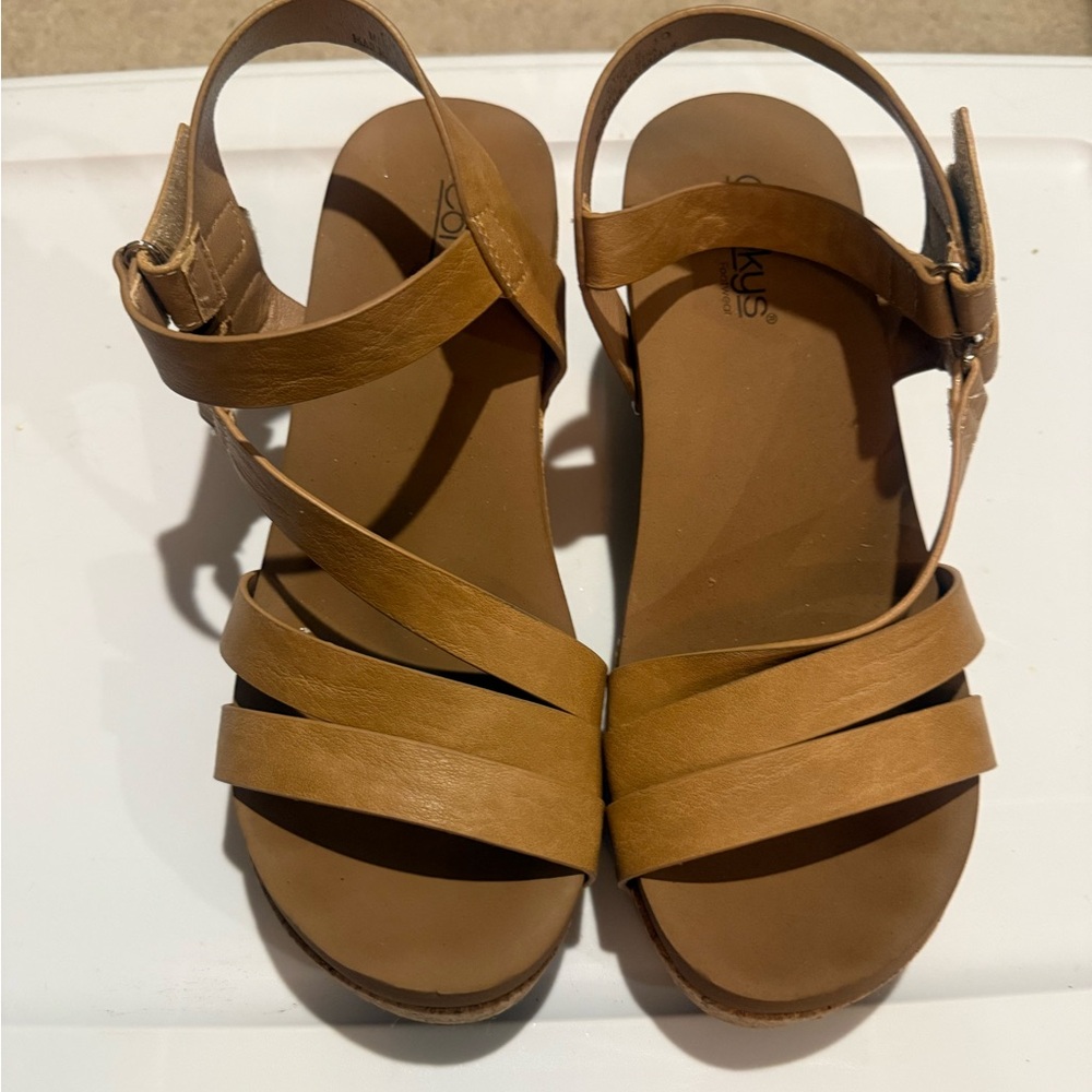Corkys Tan Flat Sandals with Multiple Straps
